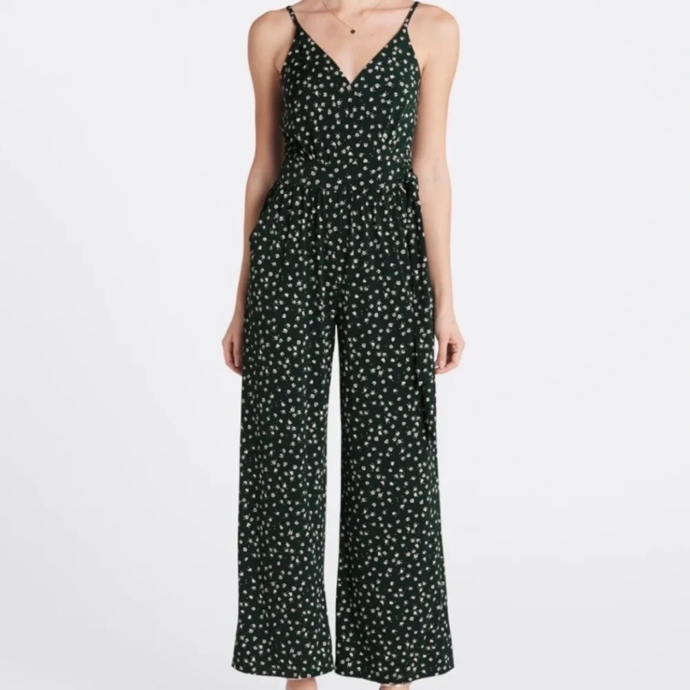 Kaileigh Rochelle Jumpsuit Size XL Dark Green Floral Waist Tie Wide Leg Stretch - Picture 6 of 8
